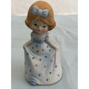 Jasco Bell 1979 Adorabelle Porcelain  Girl Blue Polka Dot Dress Figurine Vintage